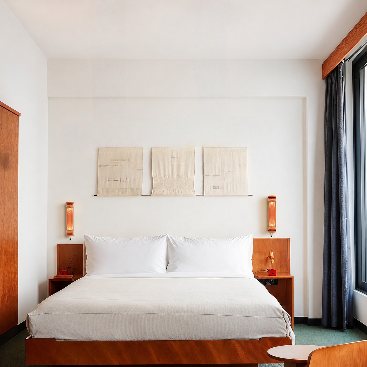 MANI tubular pendant and wall lights installed in a modern hotel guest room with white ceiling and warm bedside ambience