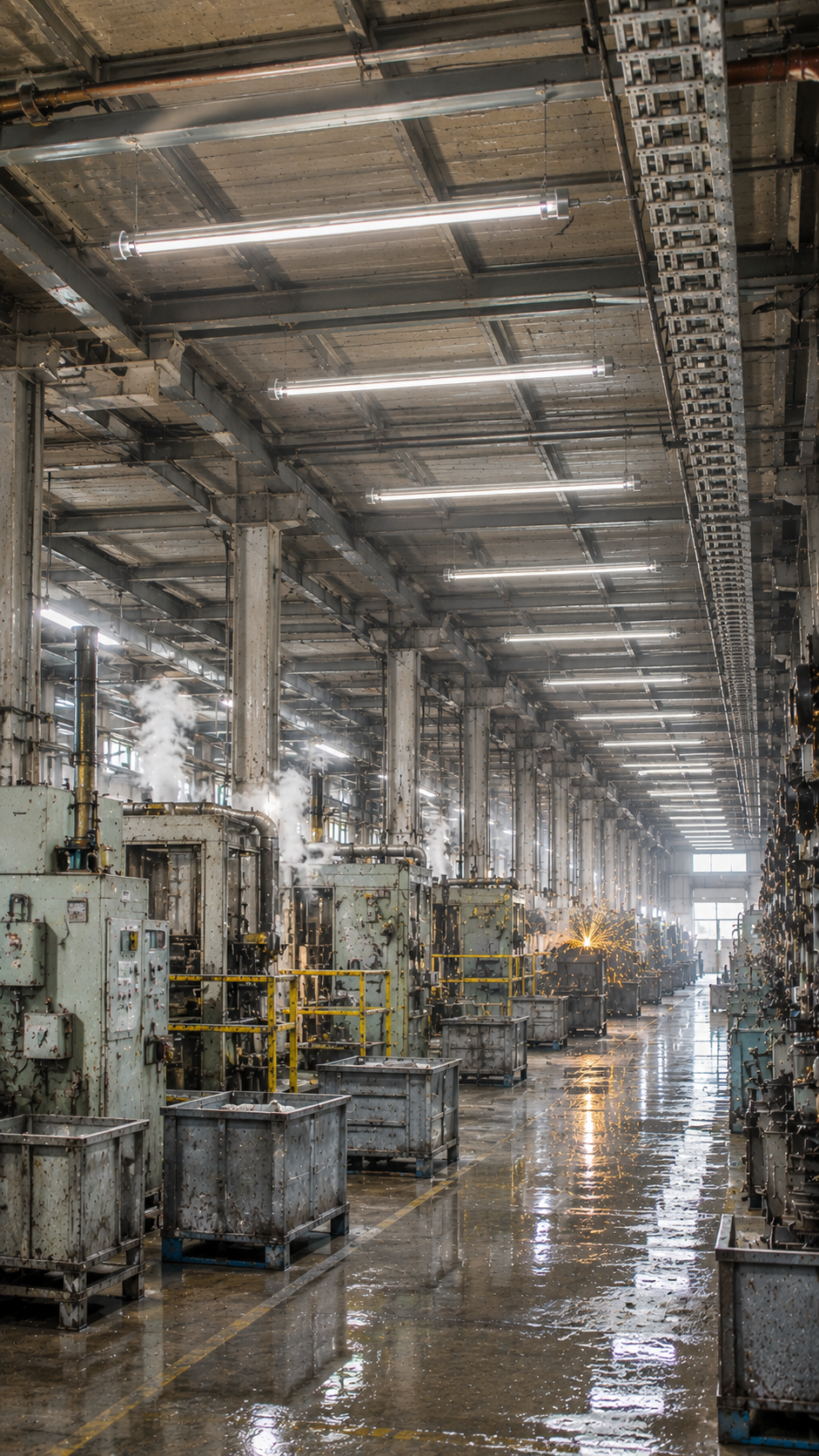 Industrial tubular LED lights installed in a harsh metal production workshop with overhead pipes, wet floor, steam, dust, and sparks from machinery.