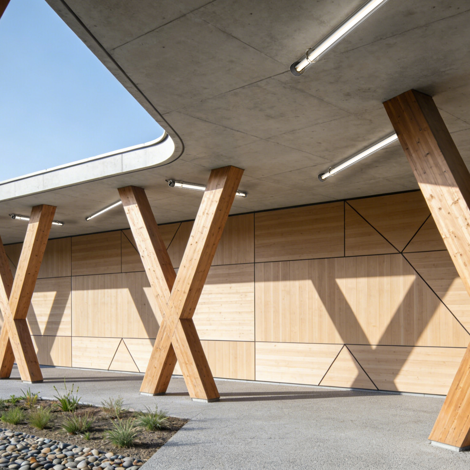 Covered outdoor walkway with ceiling-mounted tubular LED lights under a canopy, providing safe route guidance and architectural lighting.