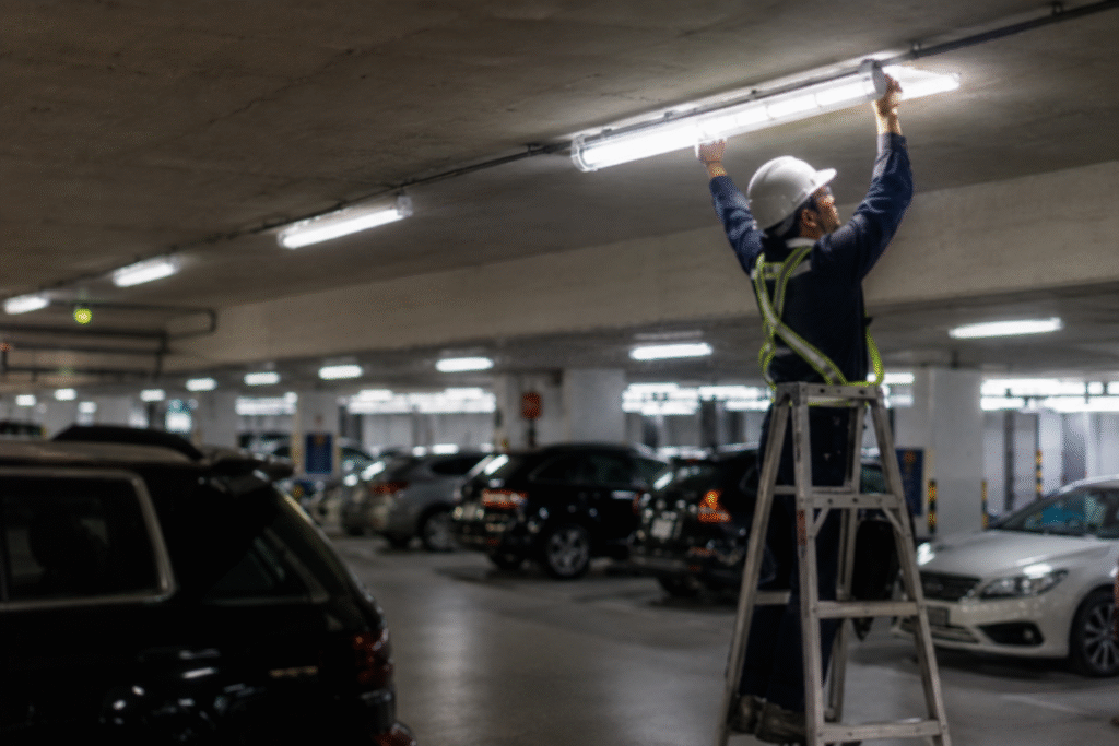 Technician replacing parking garage LED light to show maintenance cost and long-term reliability