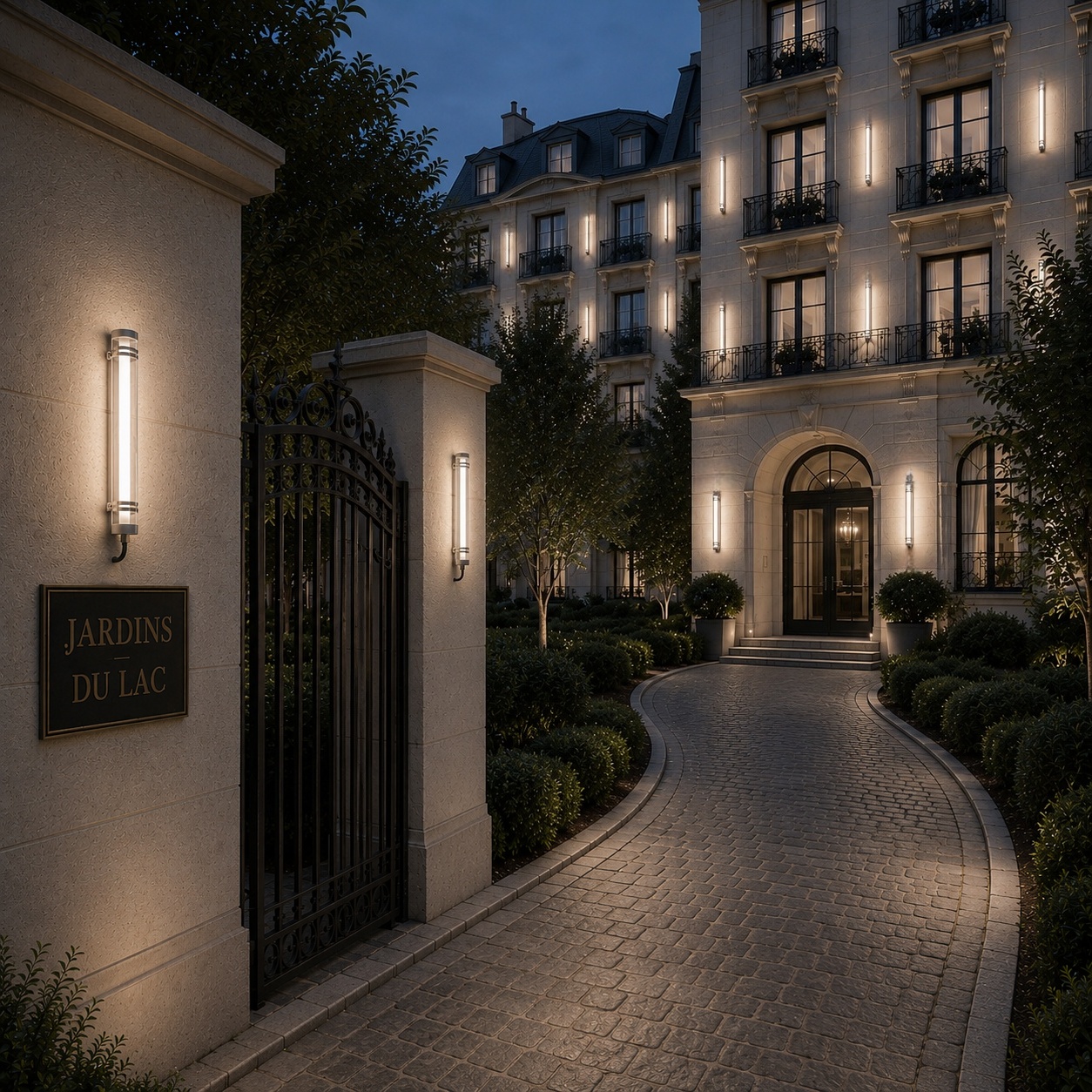 Residential community lighting solution with tubular LED fixtures for entrance gates, building façades, and access routes
