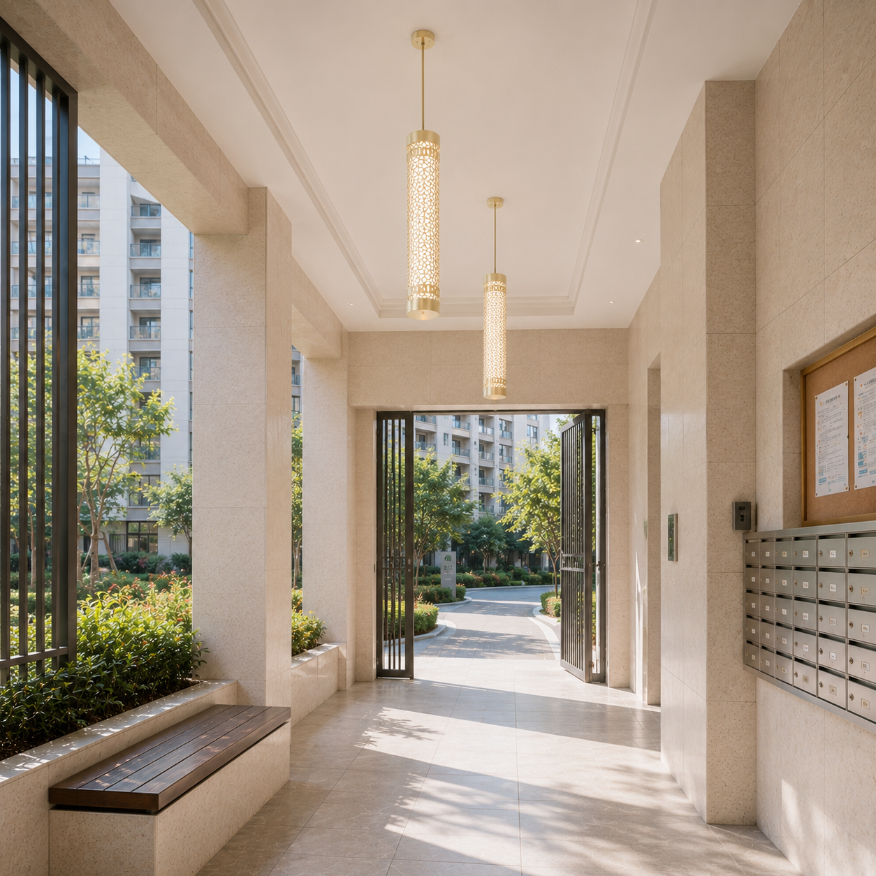 Residential apartment lobby lighting with light gold tubular LED pendant lights for entrance halls and shared arrival spaces