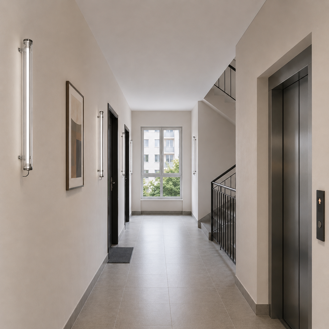 Residential corridor lighting solution with transparent tubular LED fixtures for apartment hallways, staircases, and lift lobbies