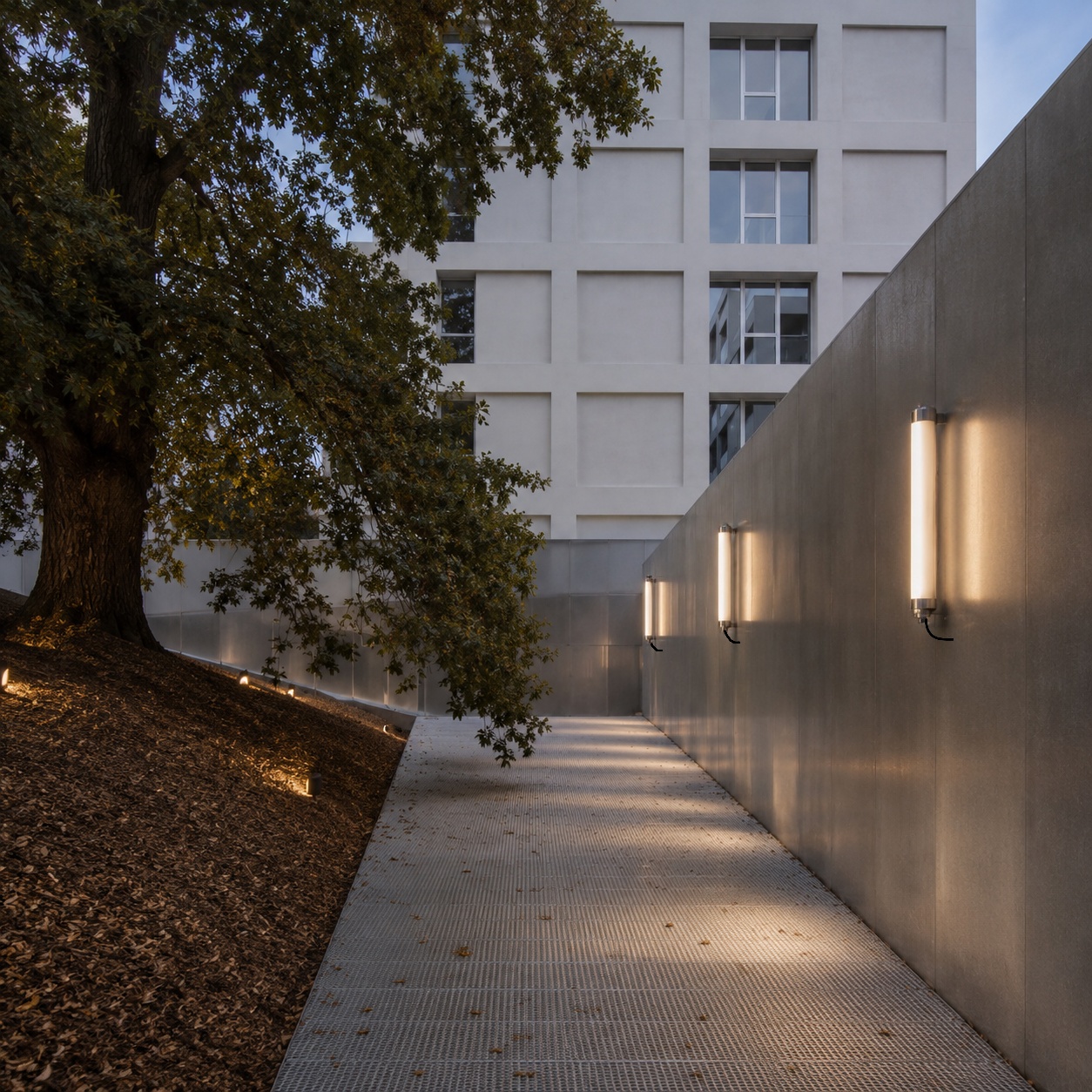 Residential courtyard lighting solution with tubular LED wall lights for outdoor walkways, patios, and shared community areas