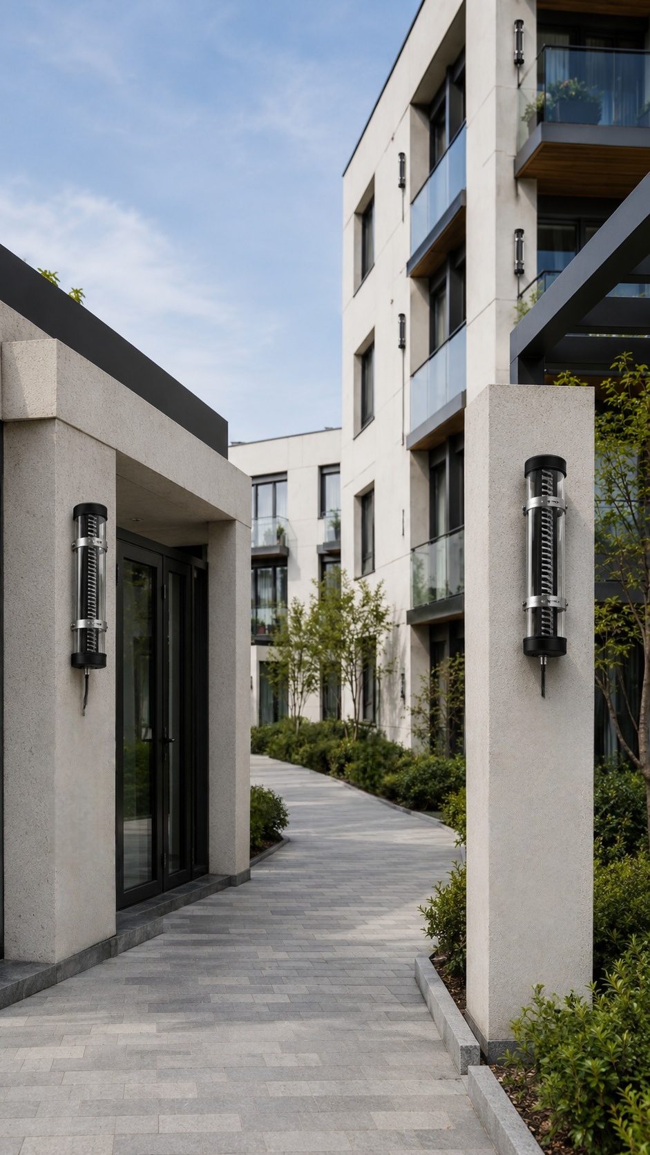 Residential courtyard lighting solution with black transparent tubular LED fixtures for apartment entrances, façades, and shared outdoor areas