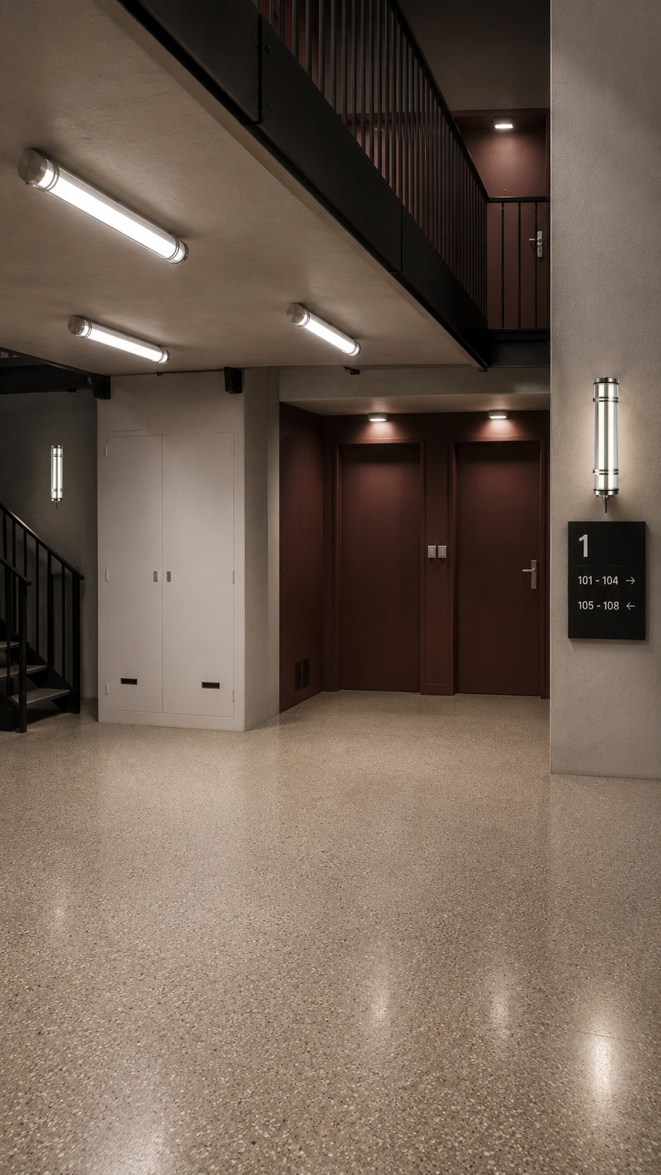 Residential corridor lighting solution with tubular LED fixtures for apartment hallways, staircases, and shared circulation areas