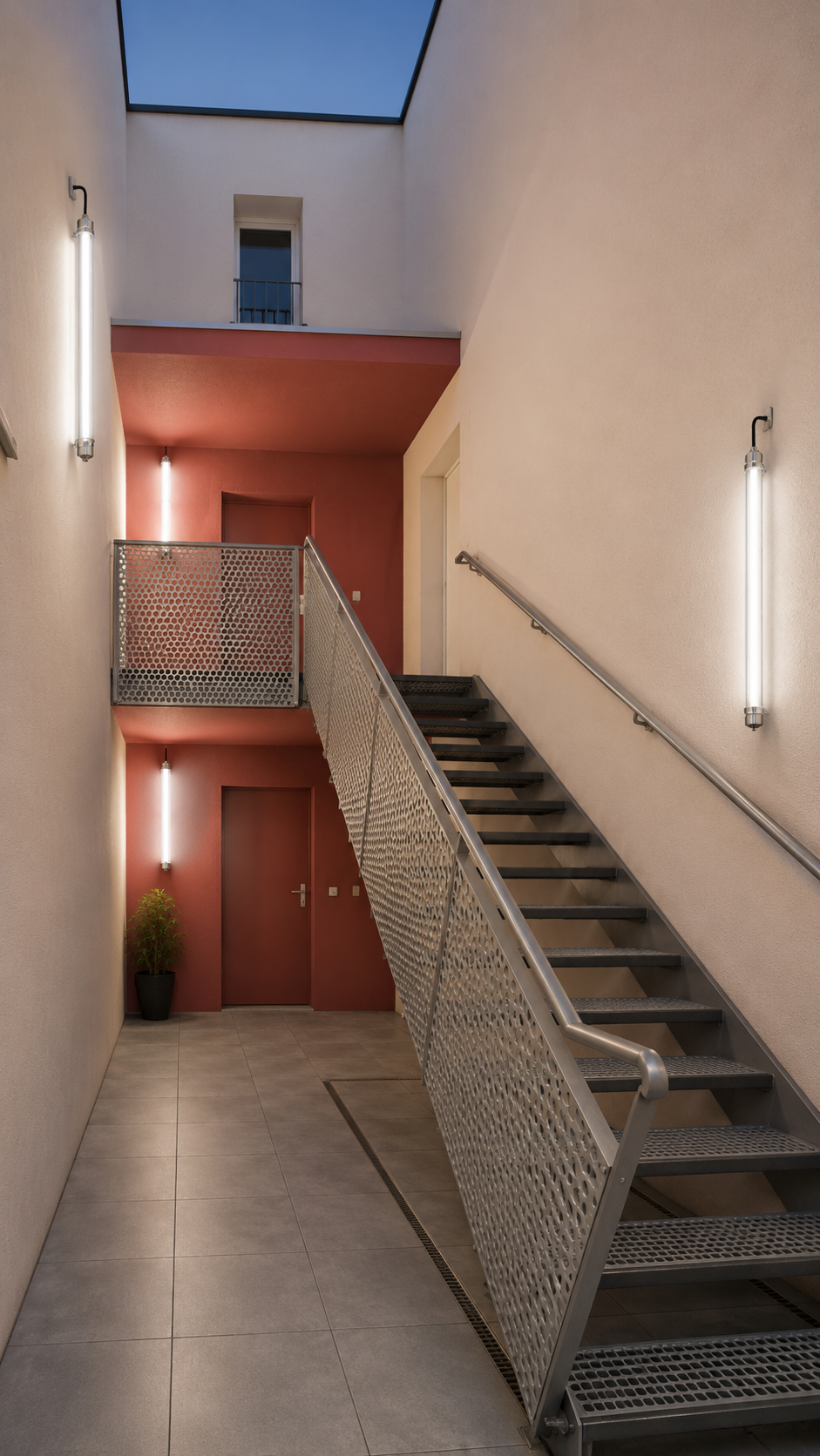 Residential stairwell lighting solution with transparent tubular LED fixtures for apartment corridors, stairs, and shared circulation spaces
