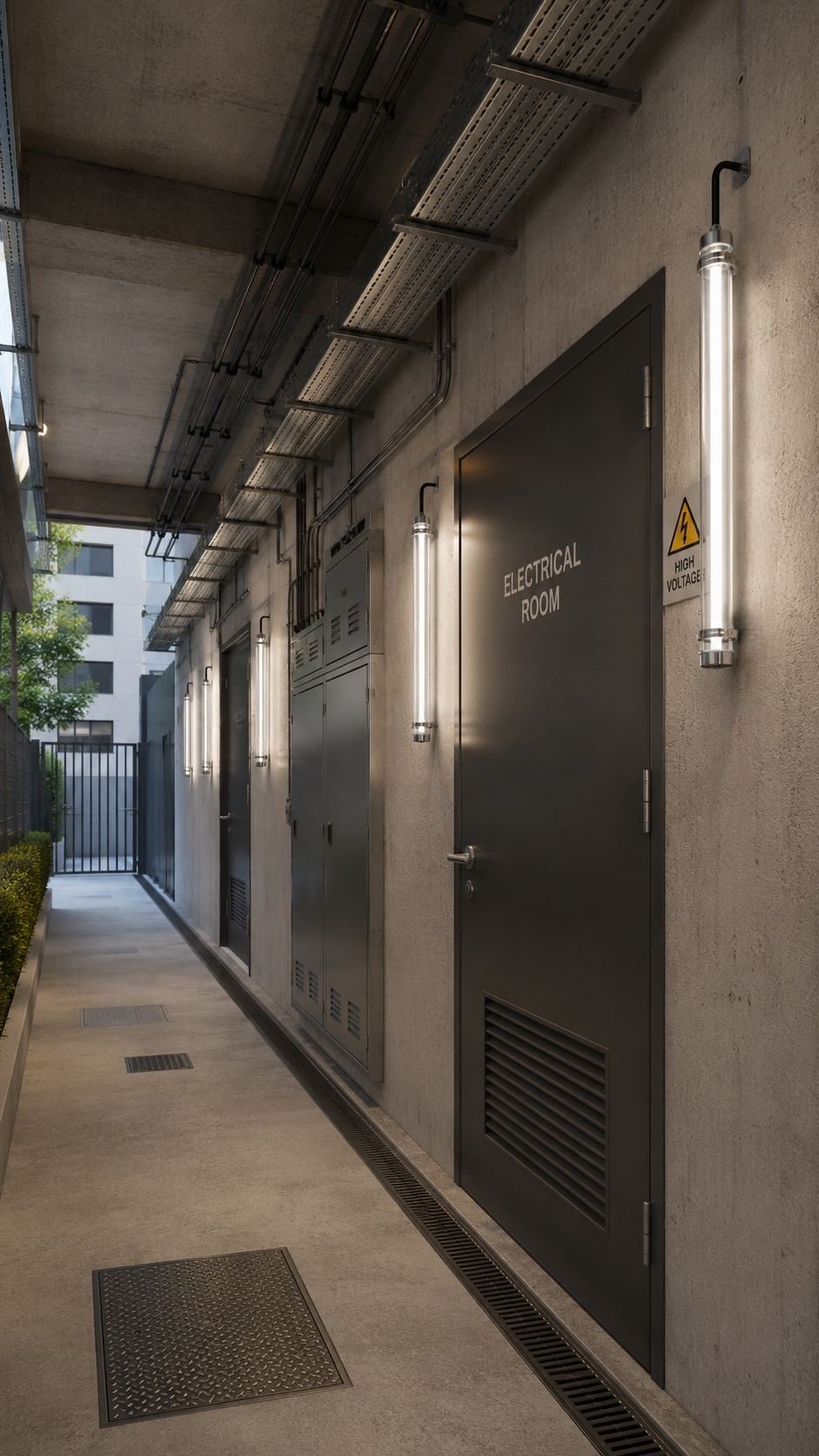 Maintenance-friendly residential lighting solution with transparent tubular LED fixtures for semi-outdoor service corridors, utility rooms, and shared facility areas