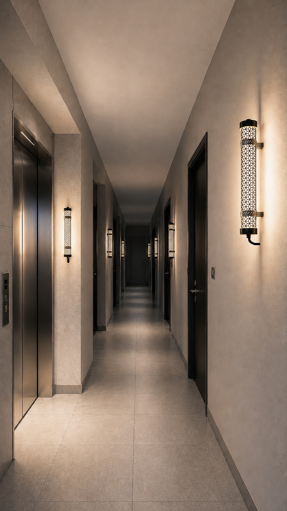 Residential corridor lighting solution with 360-degree tubular LED fixtures for apartment hallways, lift lobbies, and low-traffic circulation areas