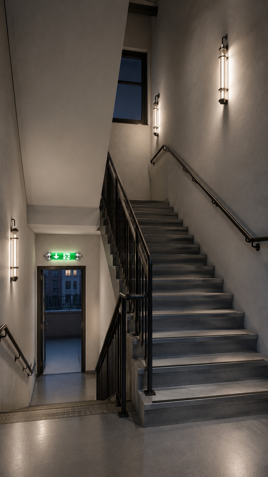 Residential stairwell lighting solution with tubular LED fixtures and emergency exit signage for apartment evacuation routes