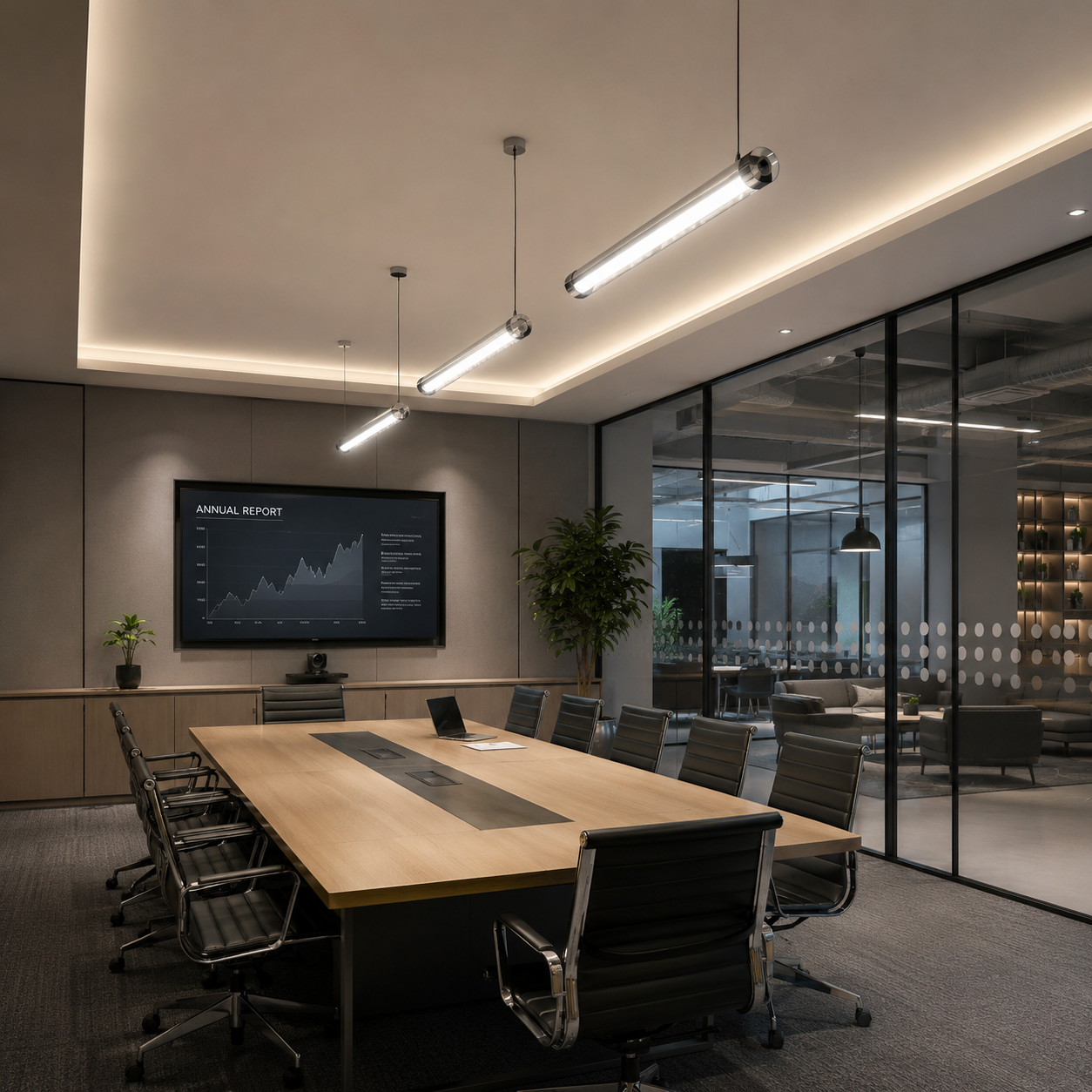 Office meeting room lighting solution featuring suspended black tubular LED luminaires for conference areas, presentations and video meetings.