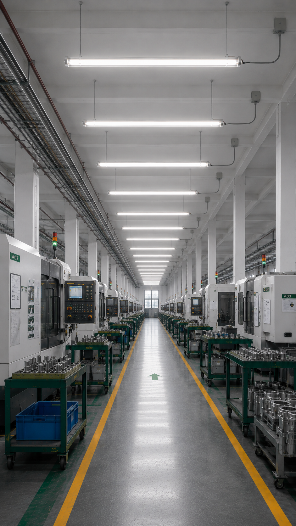 Industrial tubular LED lights installed in a factory production aisle with right-side cable entry connected to ceiling junction boxes.