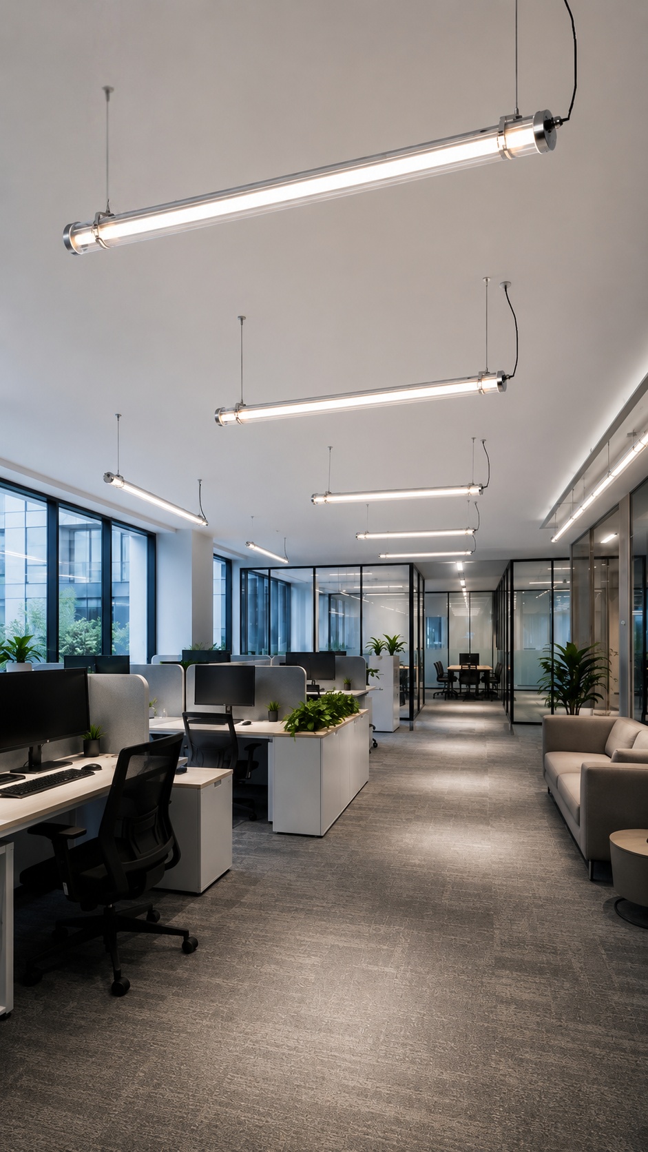 Office lighting project scene featuring suspended transparent tubular LED luminaires with visible power cables for workstations, meeting rooms and shared office areas.
