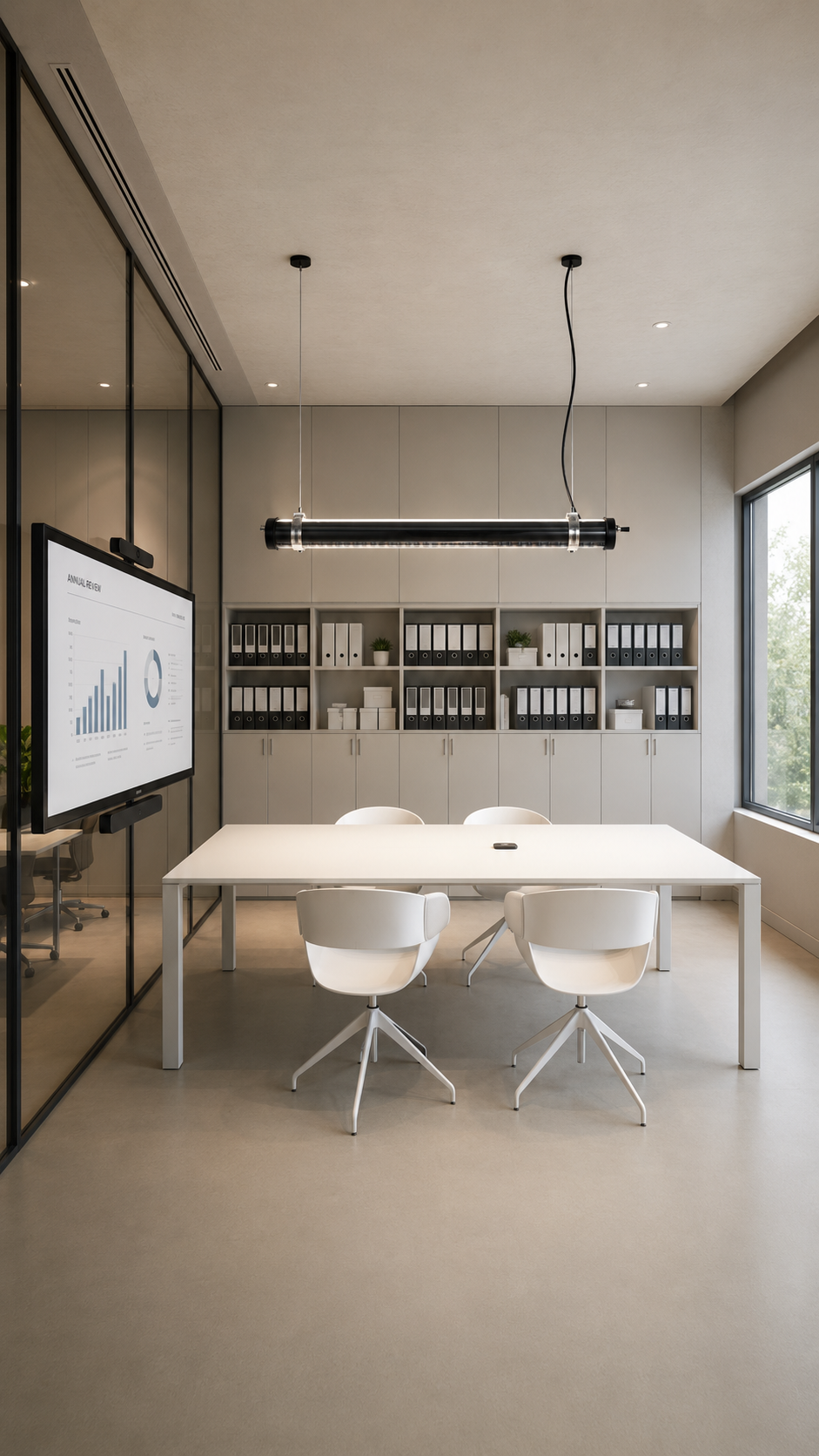 Office meeting room lighting solution featuring a suspended black tubular LED luminaire above a conference table with presentation screen and file cabinets.