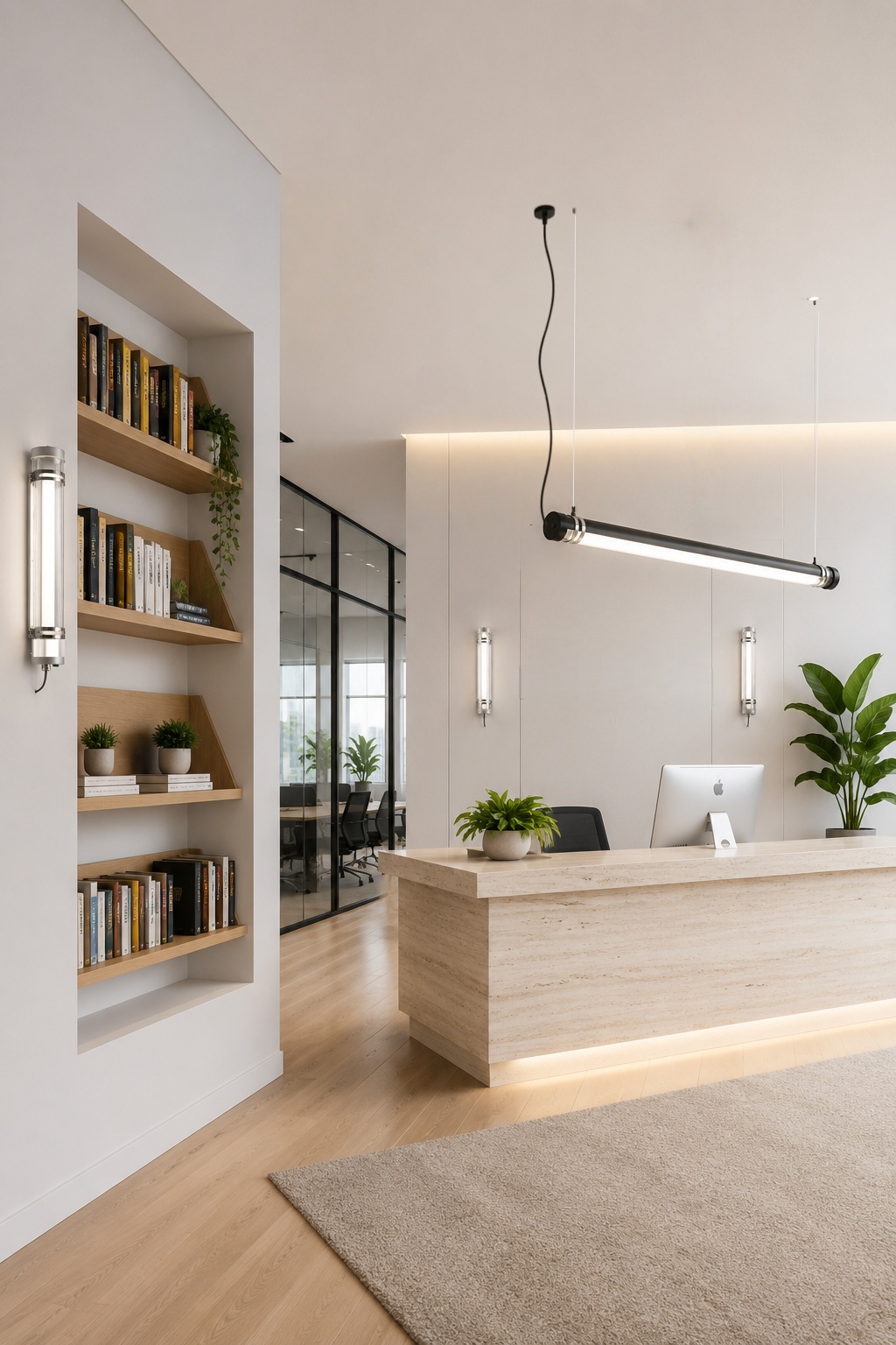 Office reception lighting solution featuring suspended and wall-mounted tubular LED luminaires for a bright modern lobby and visitor waiting area.
