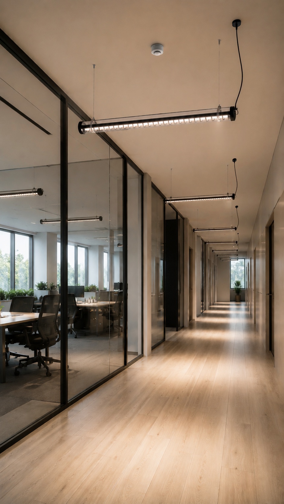 Office corridor lighting control scene featuring suspended tubular LED luminaires with right-end cap ceiling wiring, occupancy sensor and standby dimming zones.