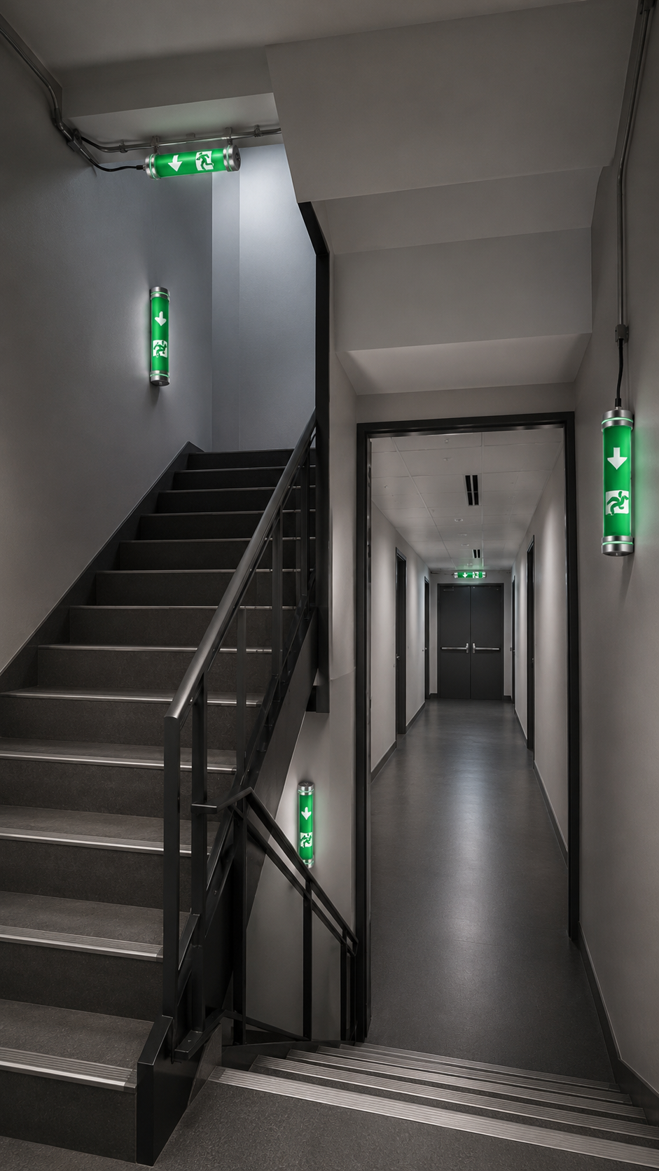 Office emergency lighting scene featuring green tubular LED exit lights in a stairwell and evacuation corridor for safe movement during power failure.