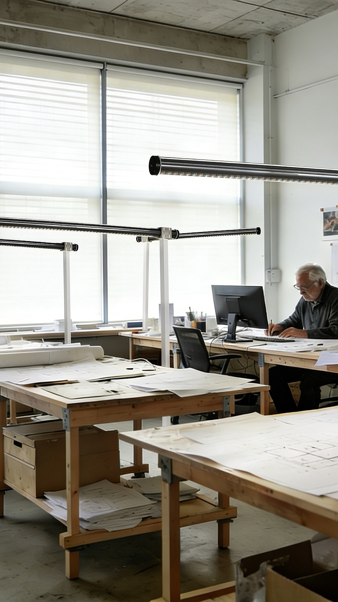 Office task lighting scene featuring freestanding tubular LED floor stand lights above drafting tables for design studio workspaces and focused visual tasks.