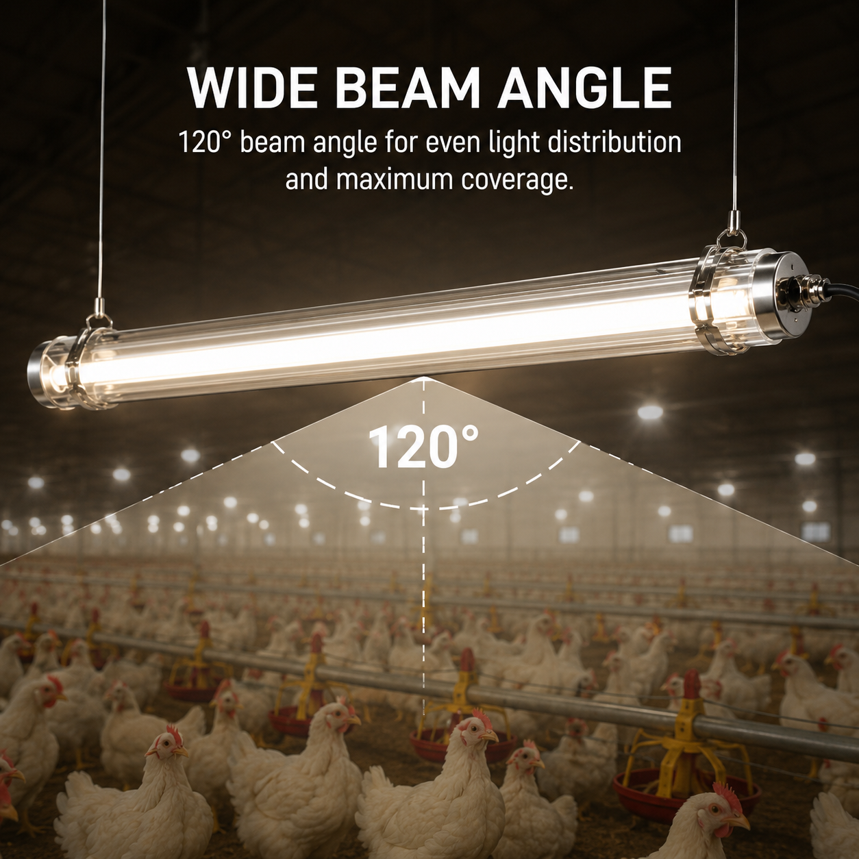 MANI tubular LED lights providing uniform 120 degree beam lighting inside a poultry farm house