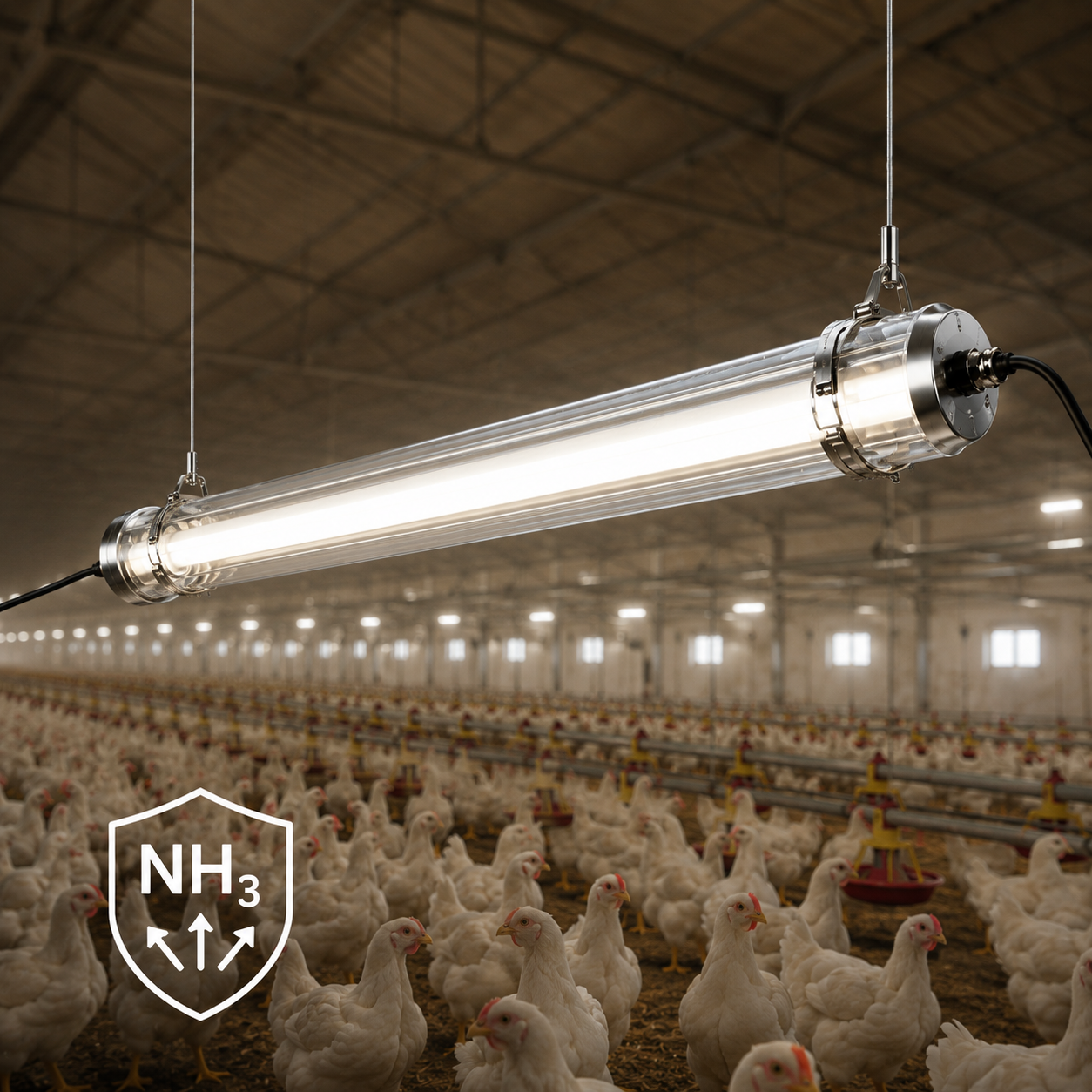 MANI poultry tubular LED light installed in chicken house with ammonia and corrosion resistant sealed housing