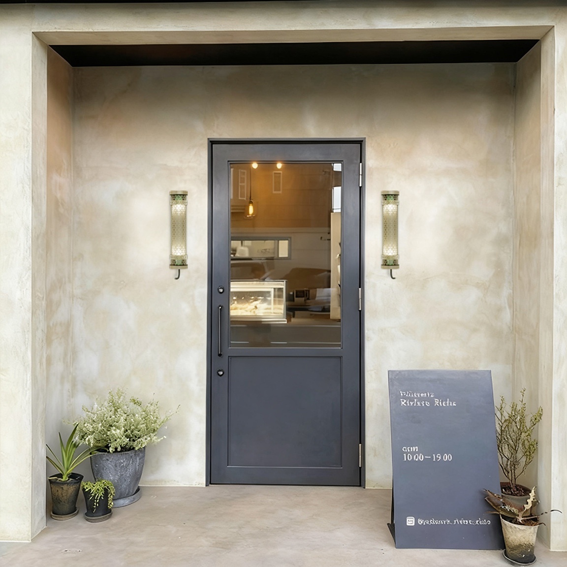 Boutique storefront entrance with vertical tubular LED wall lights creating a premium concept store atmosphere