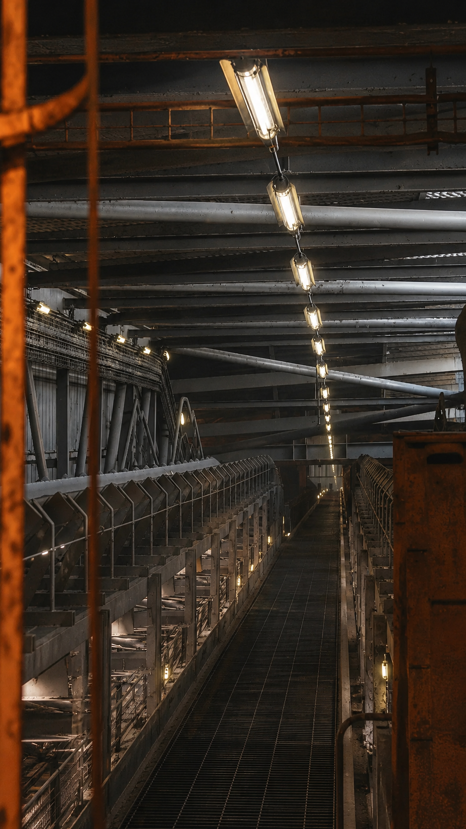Industrial tubular lights installed in a long service corridor with end-to-end quick connector daisy-chain wiring.