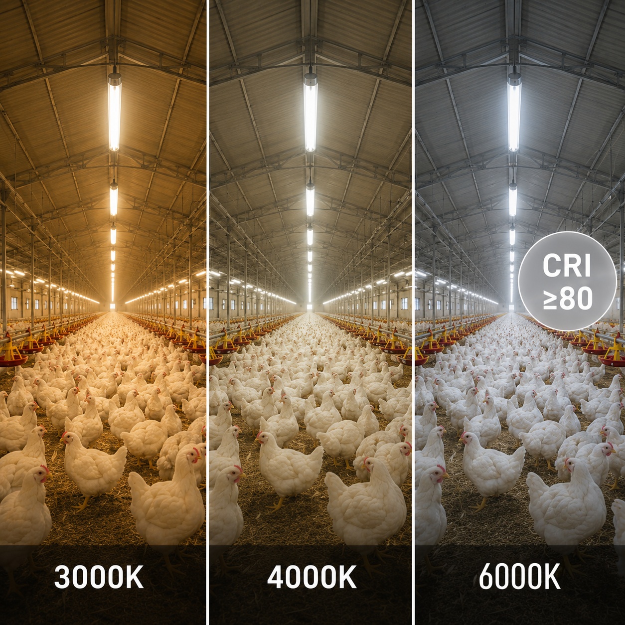 Poultry farm lighting comparison showing 3000K 4000K and 5000K CCT options with CRI over 80