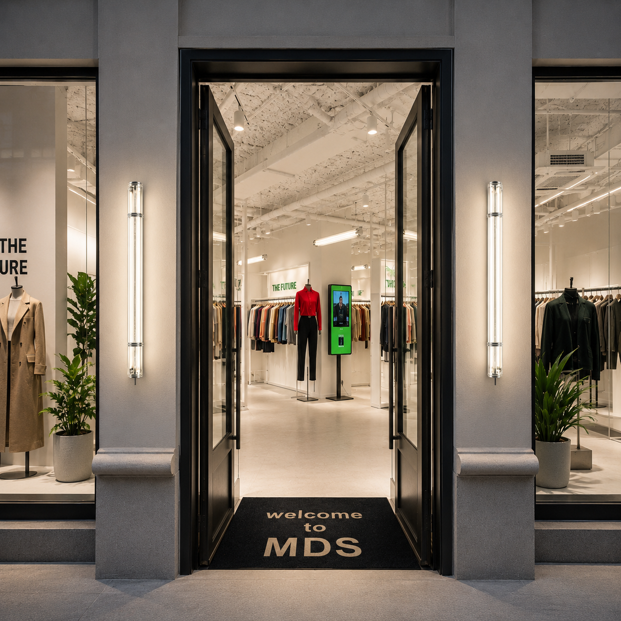 Tubular LED lights installed at a modern retail store entrance with 4000K lighting for storefront visibility and window display illumination