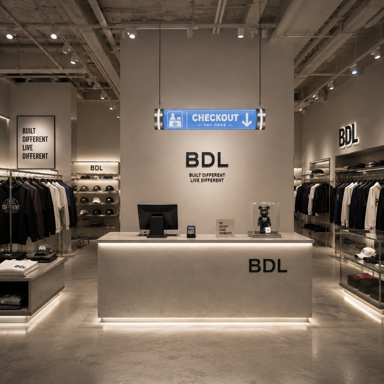 Custom tubular LED checkout sign suspended above the cashier counter in a modern BDL streetwear retail store