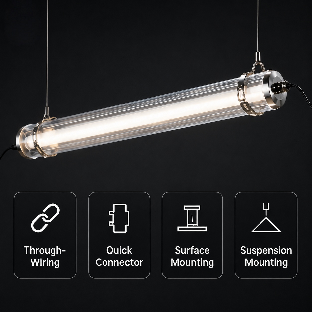 MANI poultry tubular LED light with through-wiring quick connector surface mounting and suspension mounting options