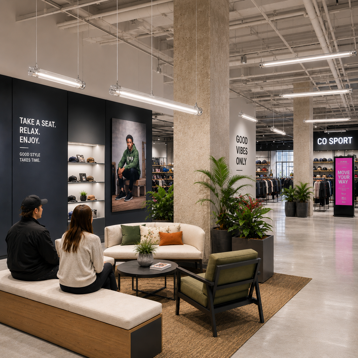 Suspended tubular LED lights installed above a retail lounge area to create comfortable waiting zone lighting for customers