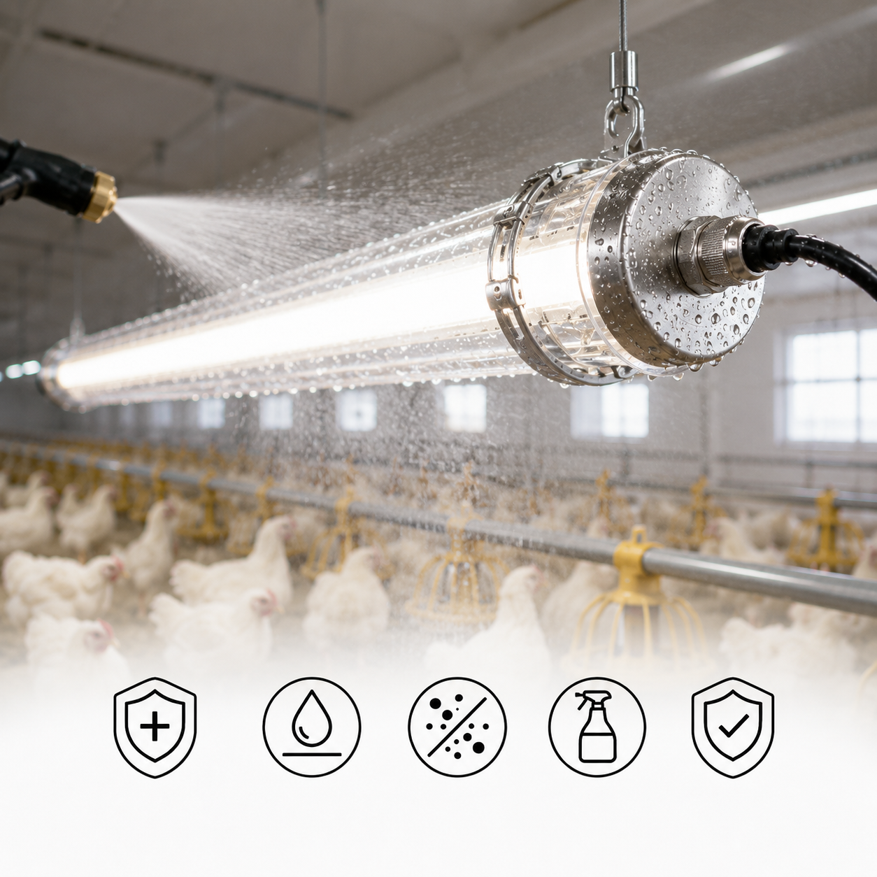 MANI poultry tubular LED light with sealed housing being washed in a chicken farm environment