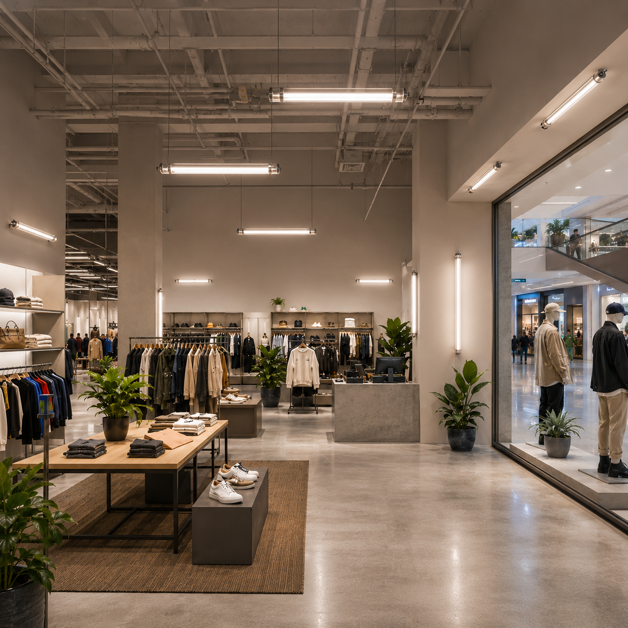 Tubular LED lights used in a modern retail store to support product display, customer circulation, cashier area and storefront lighting