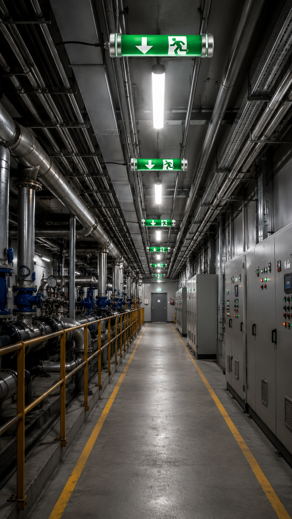 Green emergency tubular lights installed along an industrial service corridor to guide safe evacuation routes.