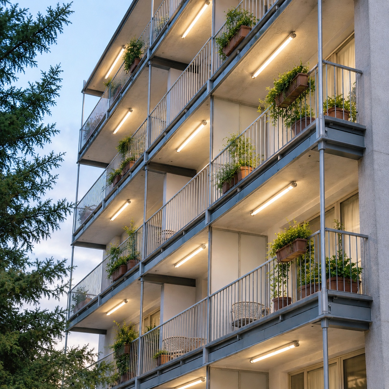Apartment balconies with soft tubular LED lights creating comfortable low-glare outdoor illumination.