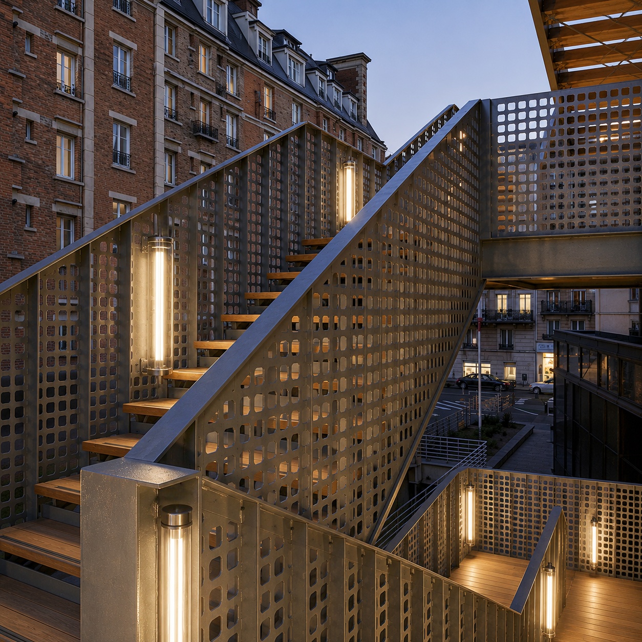 Outdoor staircase with transparent tubular lights guiding movement along an architectural route.
