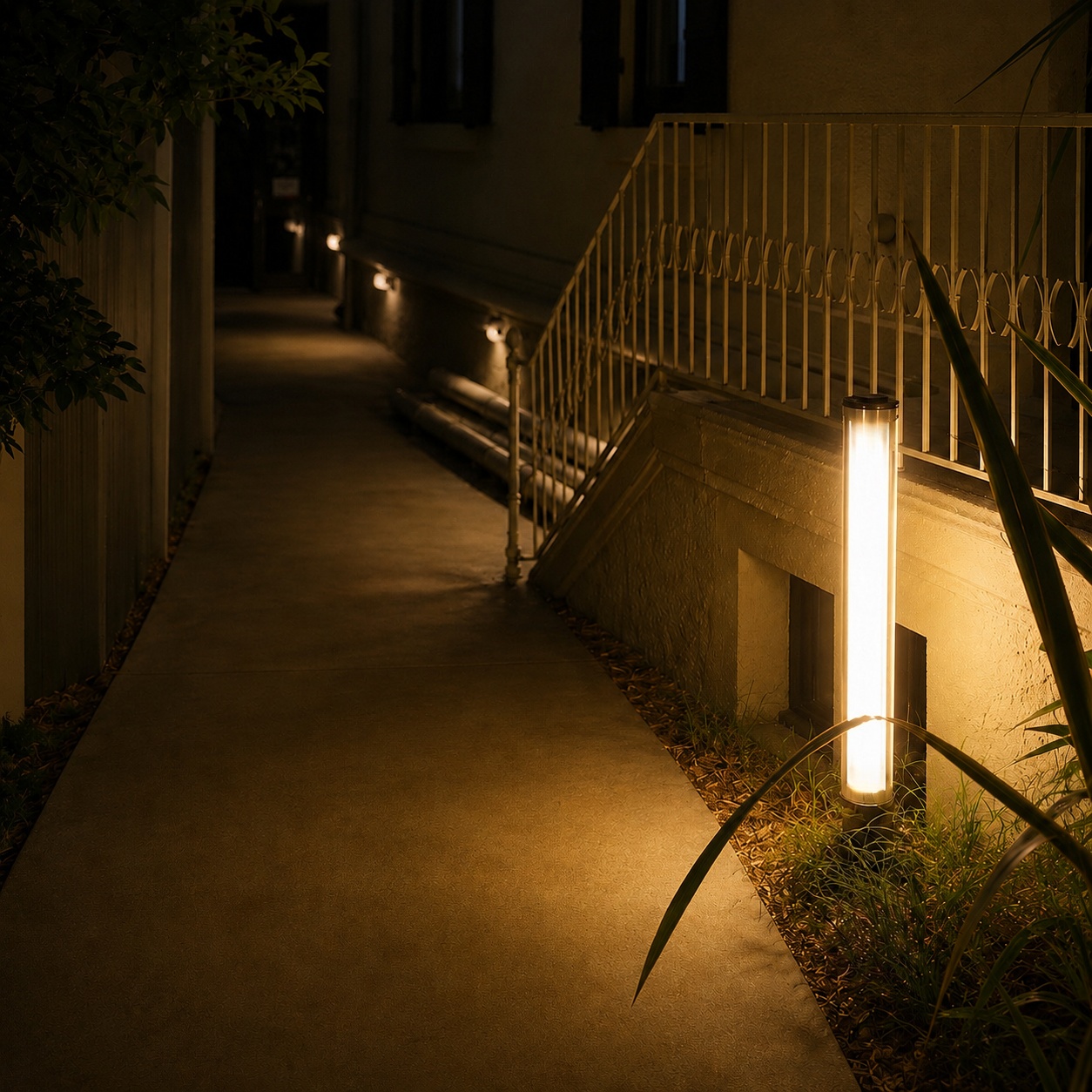 Outdoor walkway with dimmable tubular LED lights, showing brighter foreground illumination and softer standby lighting in the distance.