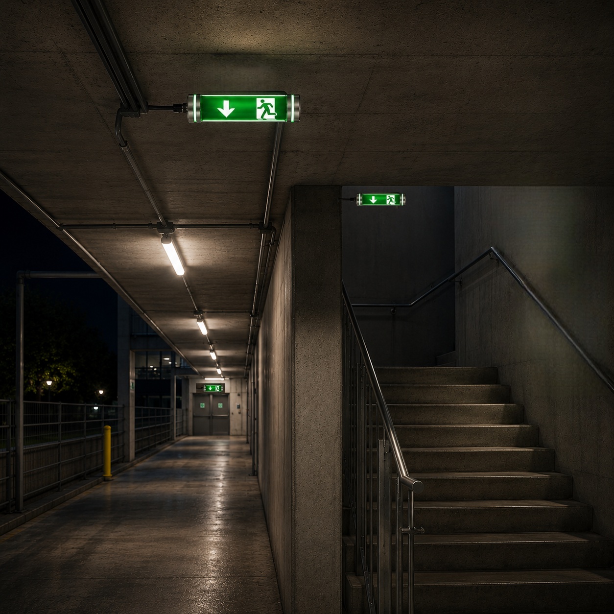 Outdoor stairwell and corridor with tubular emergency exit light mounted on the railing for evacuation guidance.