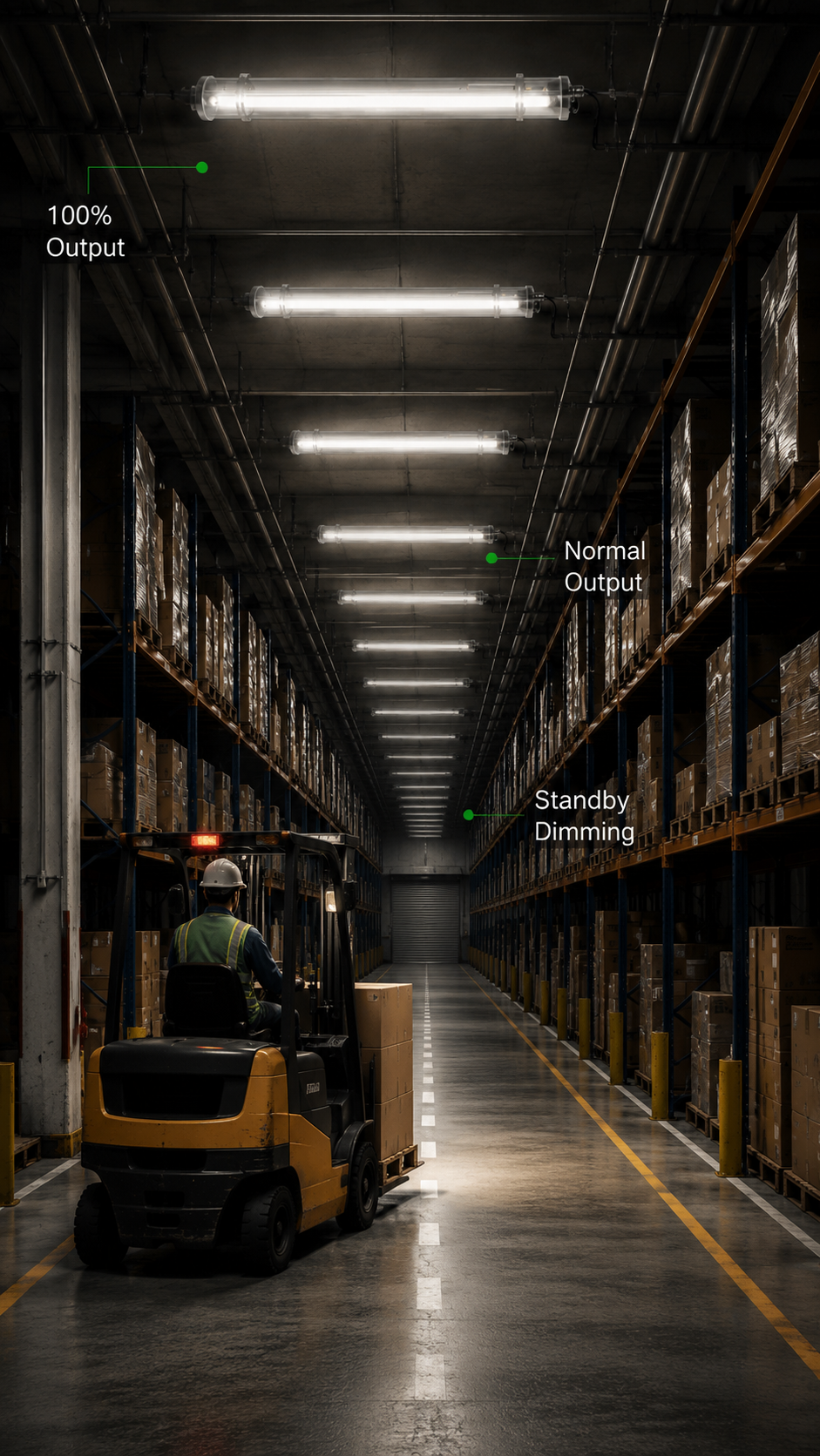 Industrial tubular LED lights with motion sensor control and standby dimming in a warehouse corridor.