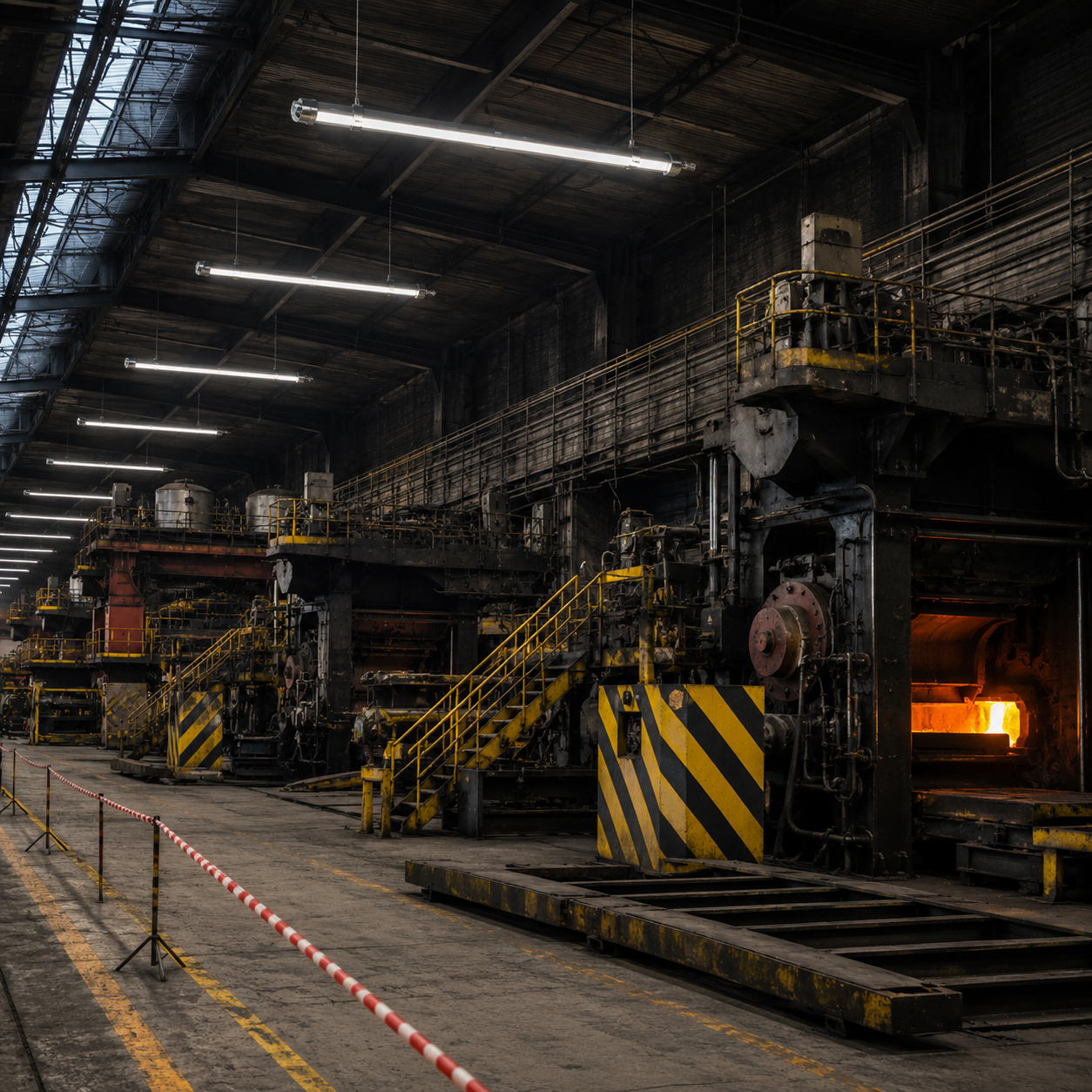 Industrial tubular LED lights installed above a metal production area with machines, workers, steam, and controlled sparks.