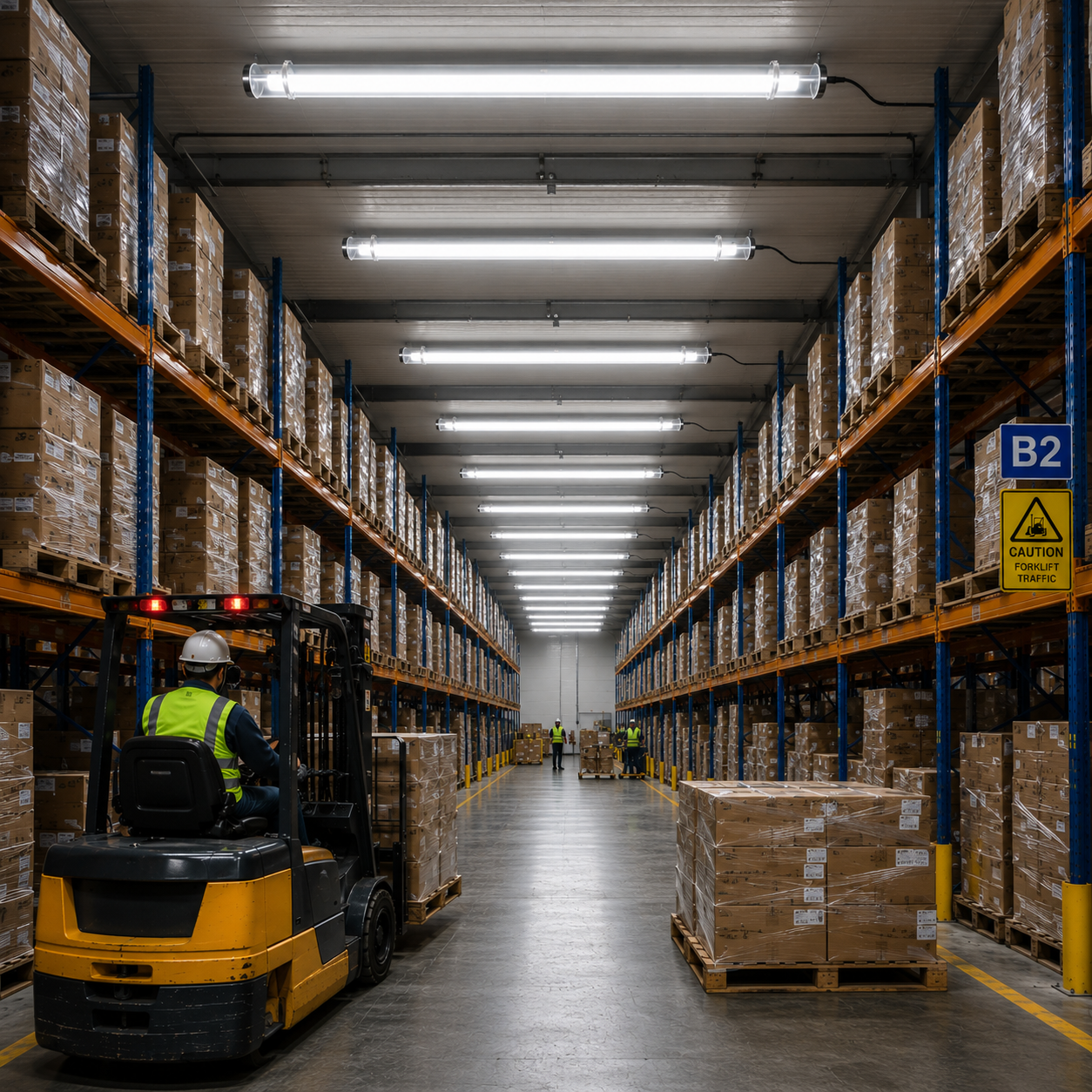 Transparent tubular LED lights installed above a warehouse logistics corridor with forklift movement, storage racks, pallets, and clear aisle visibility.