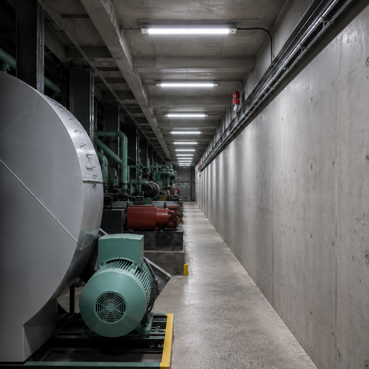 Industrial tubular lighting installed in a narrow technical service corridor with mechanical equipment, pipes, and maintenance access.
