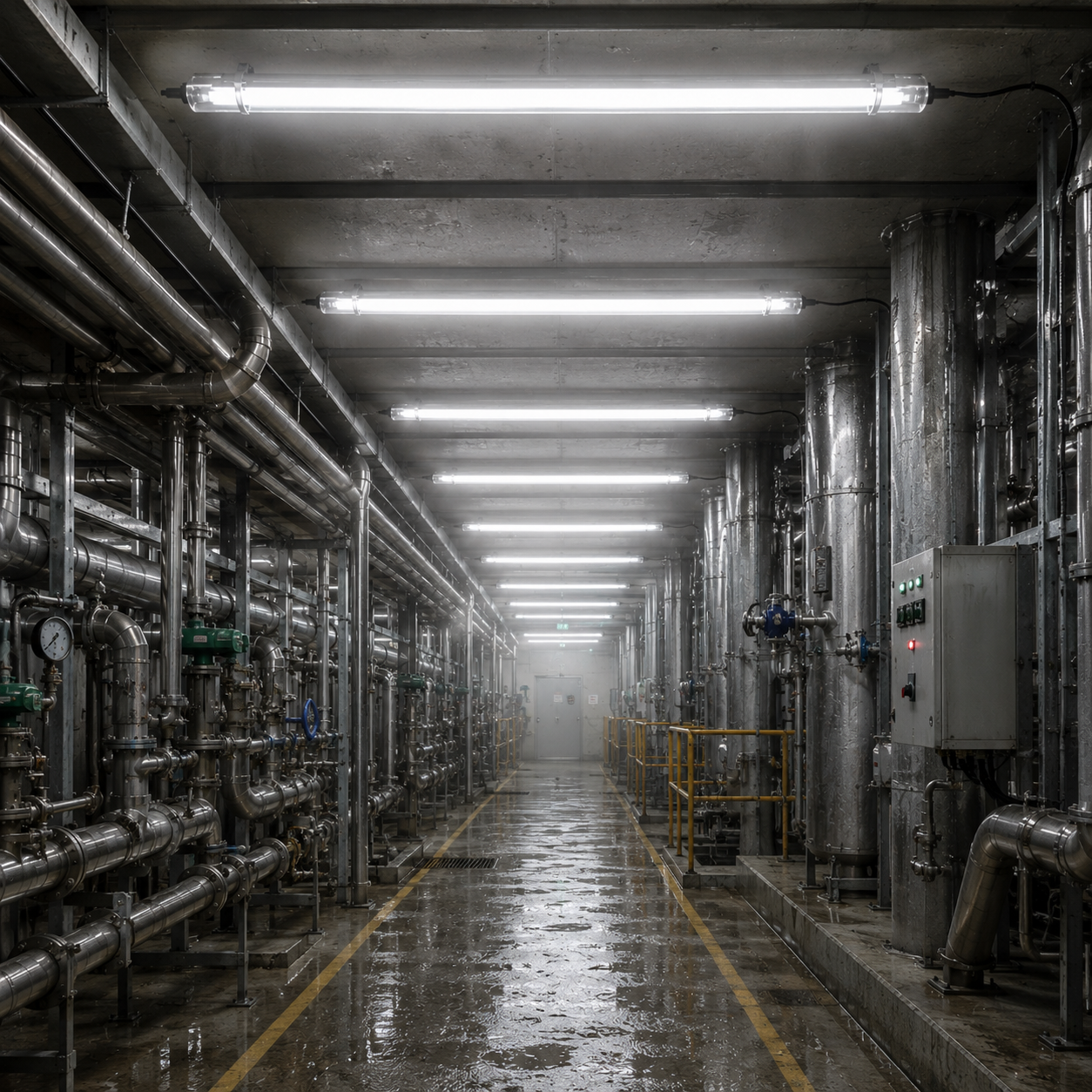 Industrial tubular LED lights installed in a high-humidity chemical plant service corridor with stainless-steel pipes, valves, gauges, wet floor, and corrosion-risk conditions.