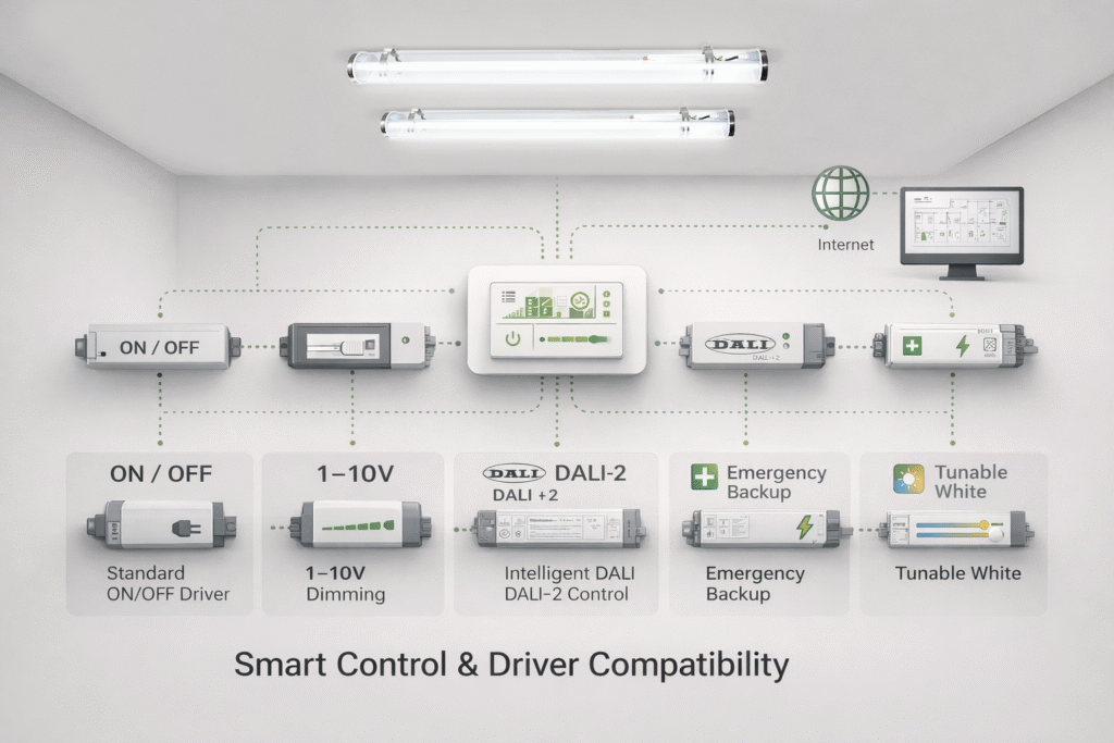 DALI and 0-10V dimming control options for tubular LED lighting
