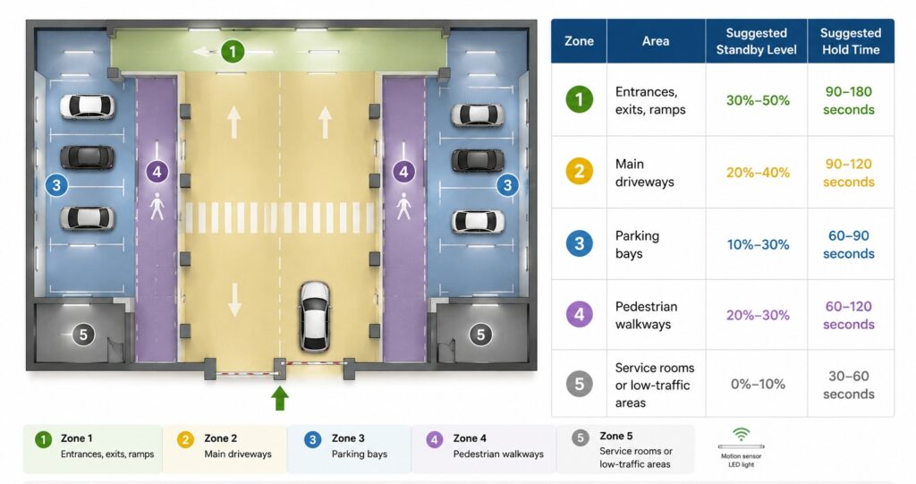 Parking garage lighting zoning plan with motion sensor lights