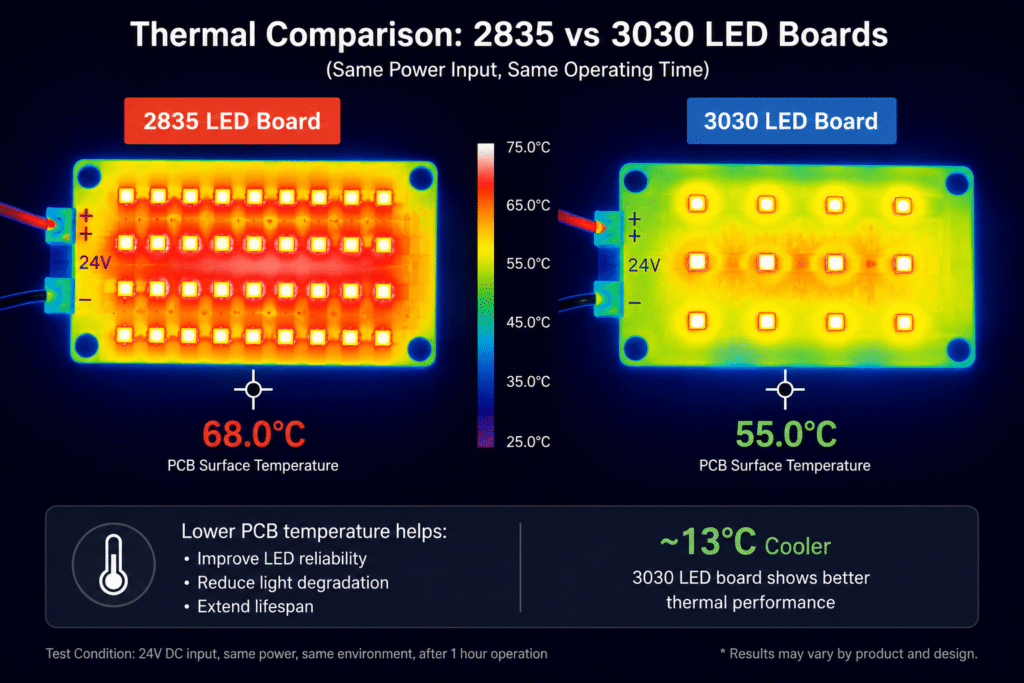 Thermal comparison between 2835 and 3030 LED boards