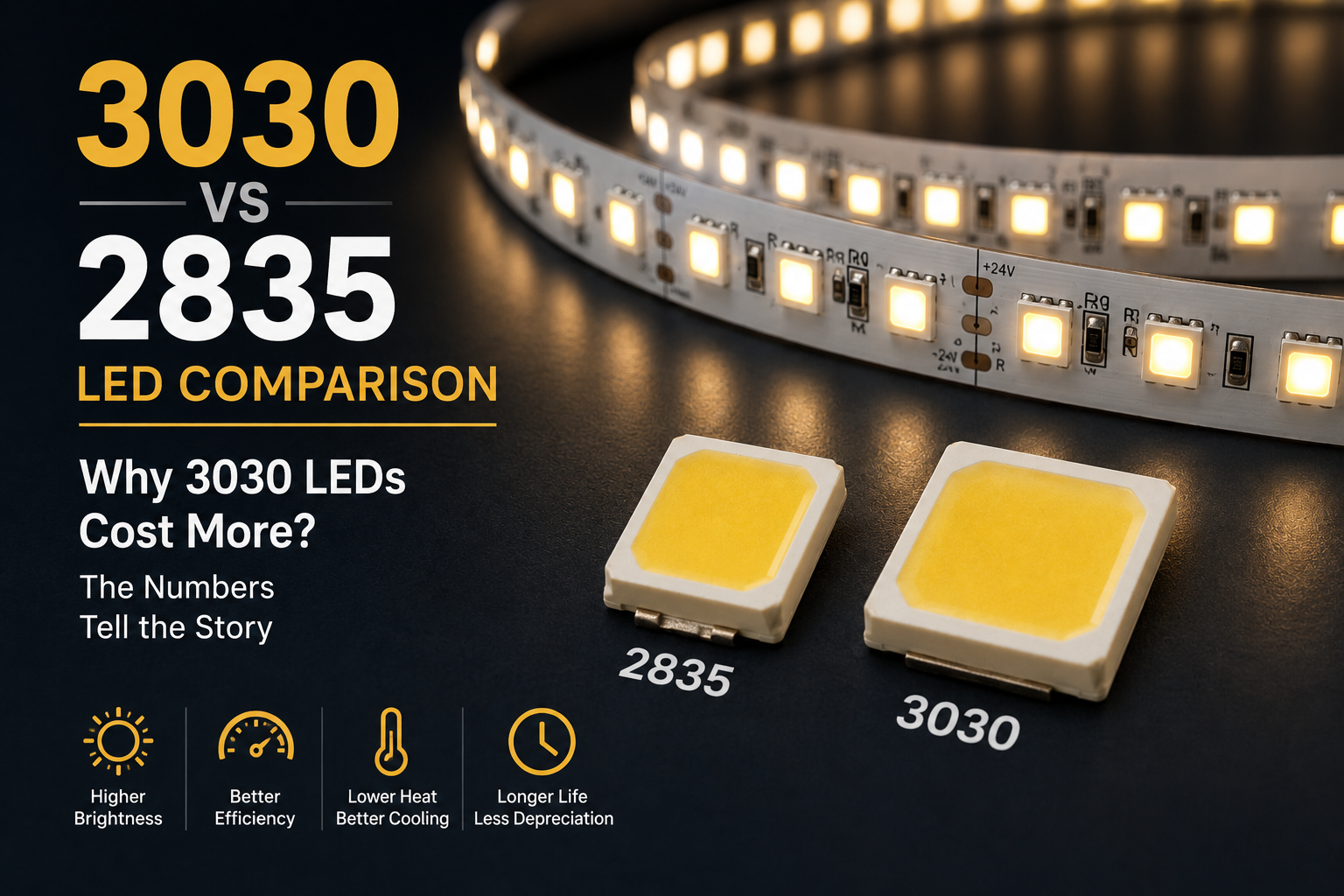 3030 vs 2835 LED comparison illustrating brightness, efficiency and heat dissipation