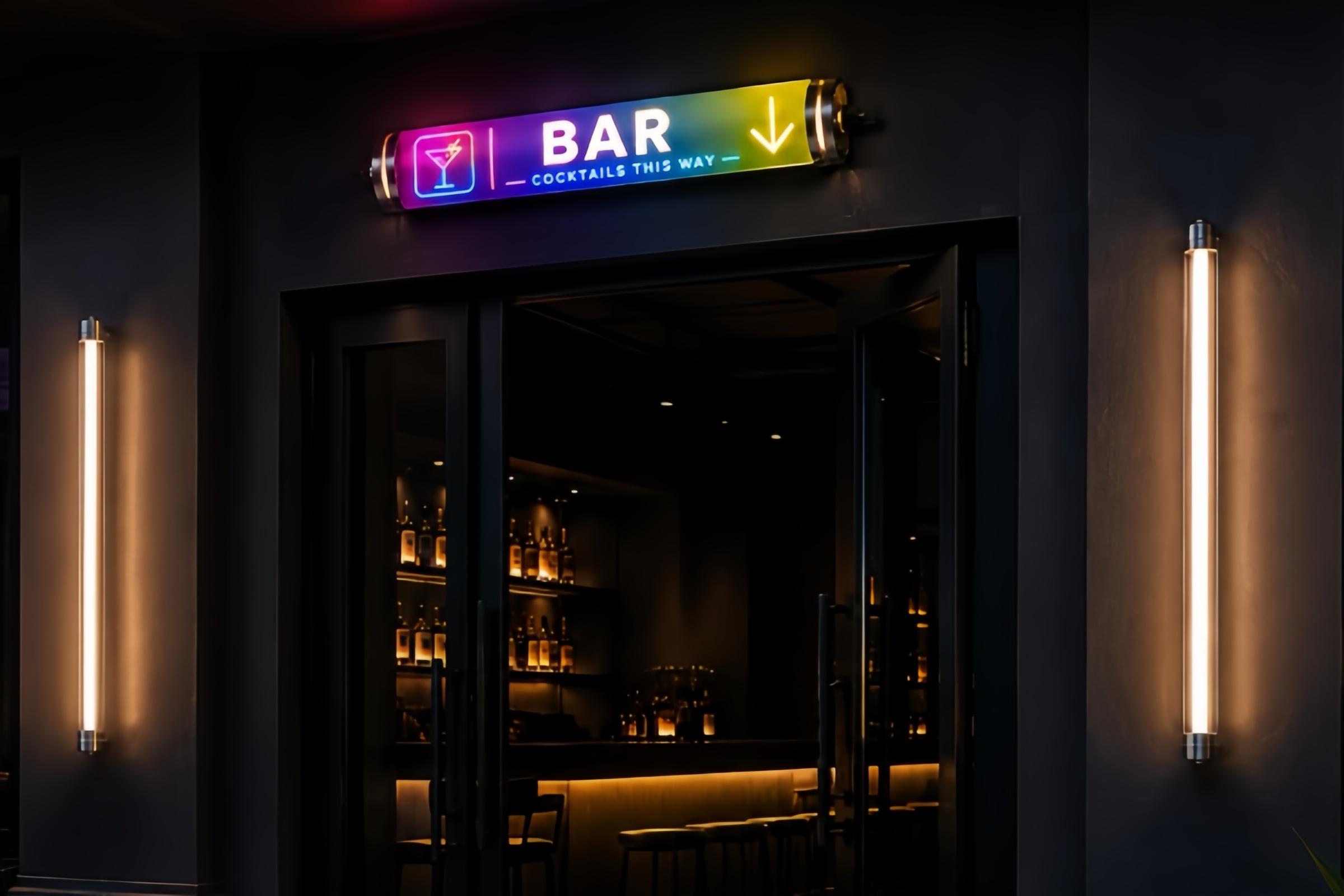 Architectural LED wall lights installed at a commercial bar entrance