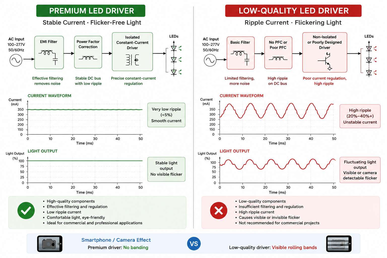 Comparison of stable and flickering LED light output