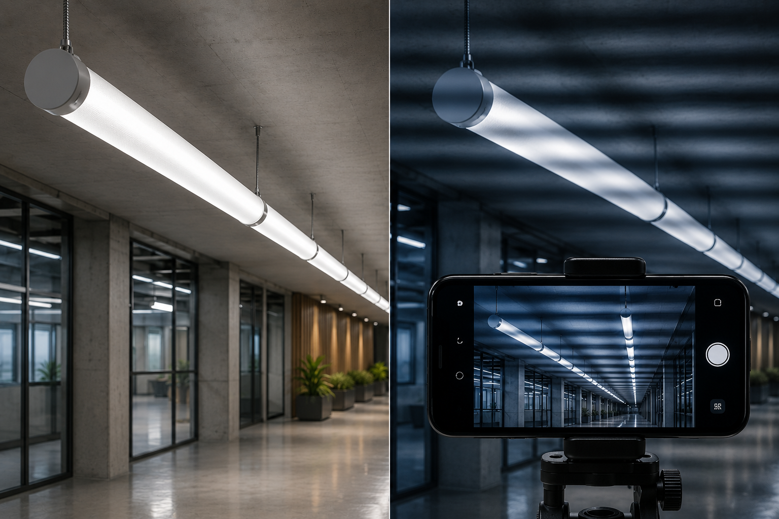 Commercial tubular LED lighting showing stable illumination and camera-visible flicker